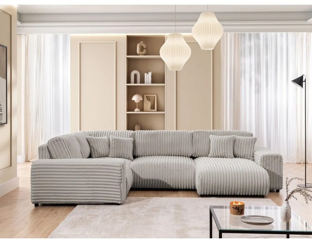 Világosszürke kordbársony sarokkanapé (bal oldali-U alakú) Justin – Ropez