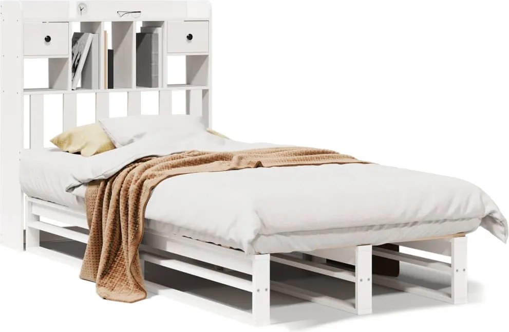 vidaXL fehér tömör fenyőfa könyvespolcos ágy matrac nélkül 75 x 190 cm