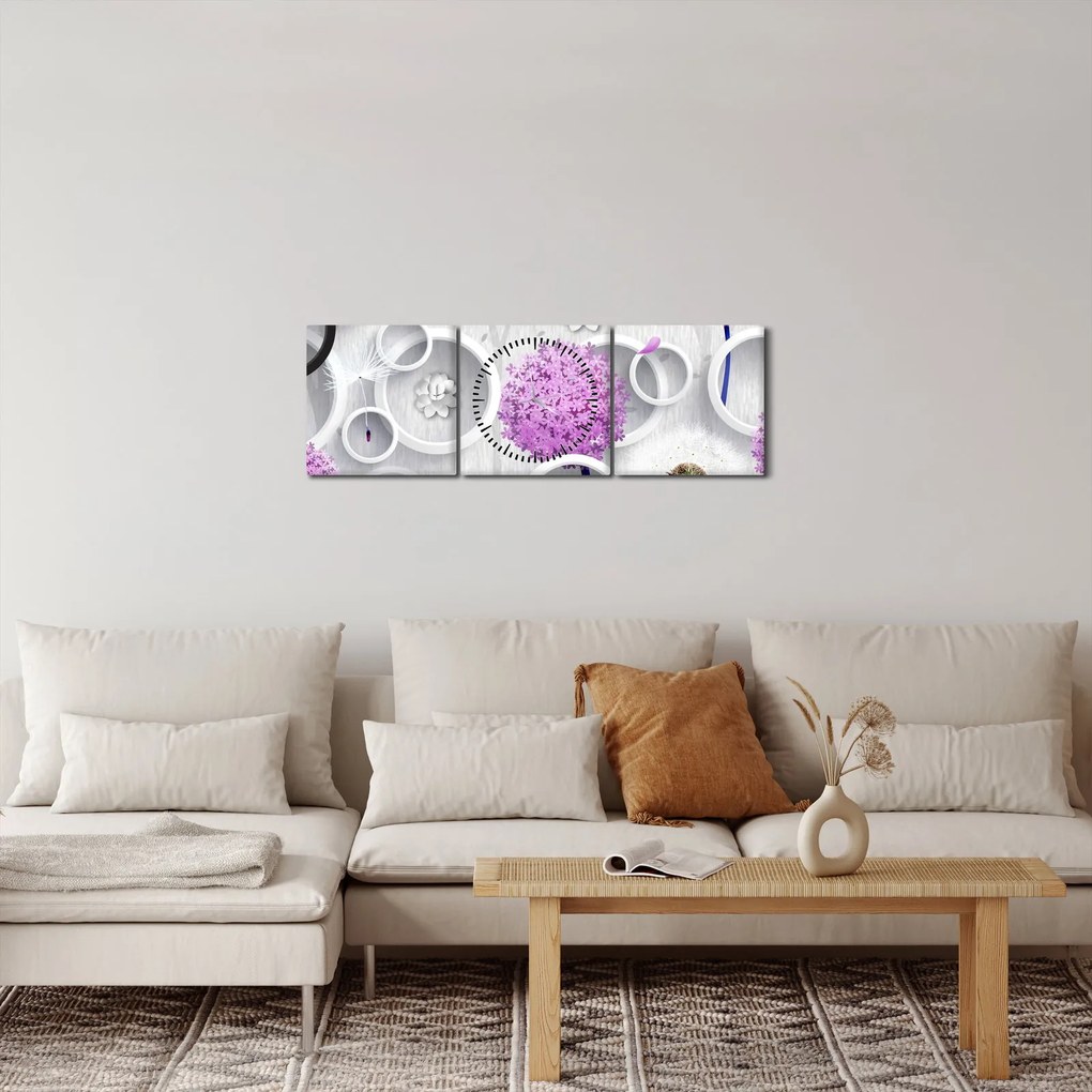 Kép a 3D absztrakció körökkel és virágokkal (órával) (90x30 cm)