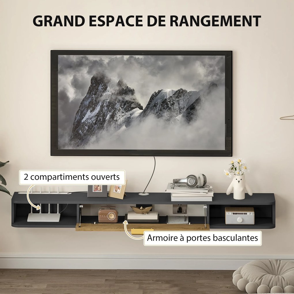HOMCOM Fali TV Állvány Fa TV Szekrény Fali TV Egység Nyitott Rekeszekkel, Emelhető Ajtóval és Kábelkezeléssel, Nappaliba és Hálószobába, 160 x 24 x 16