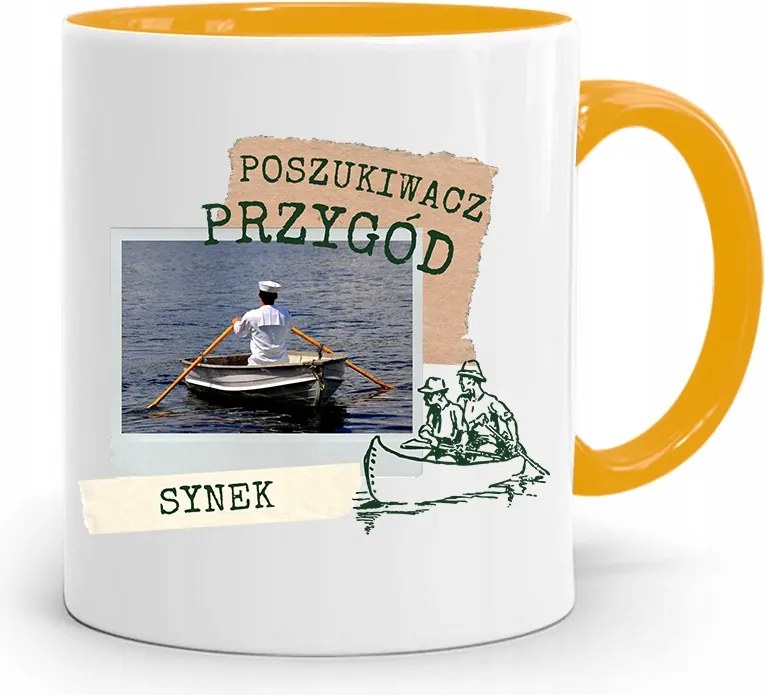 Sárga Bögre Ajándék Fiának Kalandor Nyomtatott Fotóval