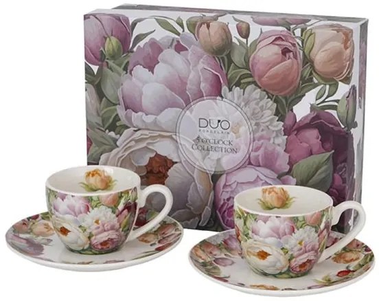 Pünkösdi rózsás porcelán csésze aljjal - 270 ml - 2 személyes készlet díszdobozban