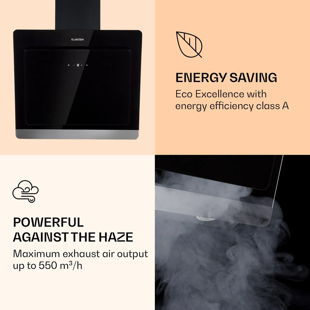 Klarstein Aurora Eco 60, páraelszívó, 60 cm, falra szerelhető, 550 m³/h, A+, érintéses vezérlés, fekete