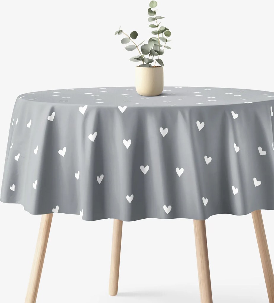 Goldea kör alakú pamut terítő - szívecskék, szürke alapon Ø 120 cm