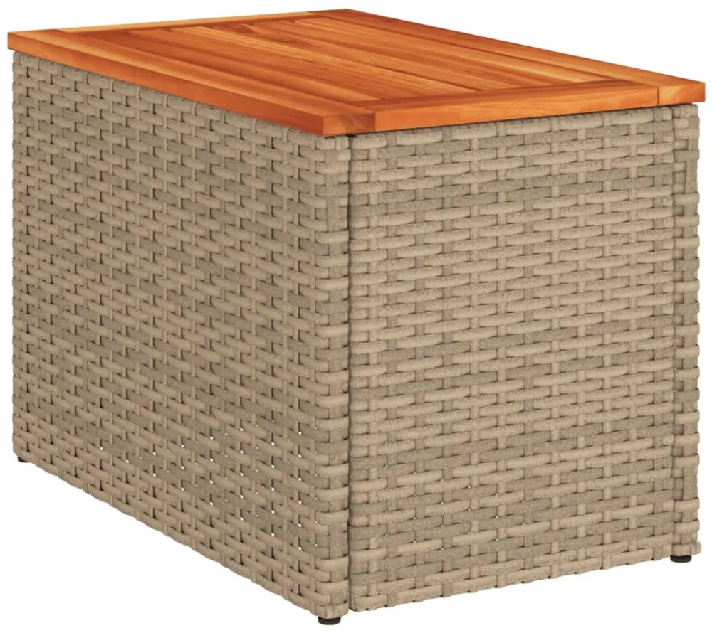 2 db bézs polyrattan és tömör fa kerti kisasztal 55x34x37 cm