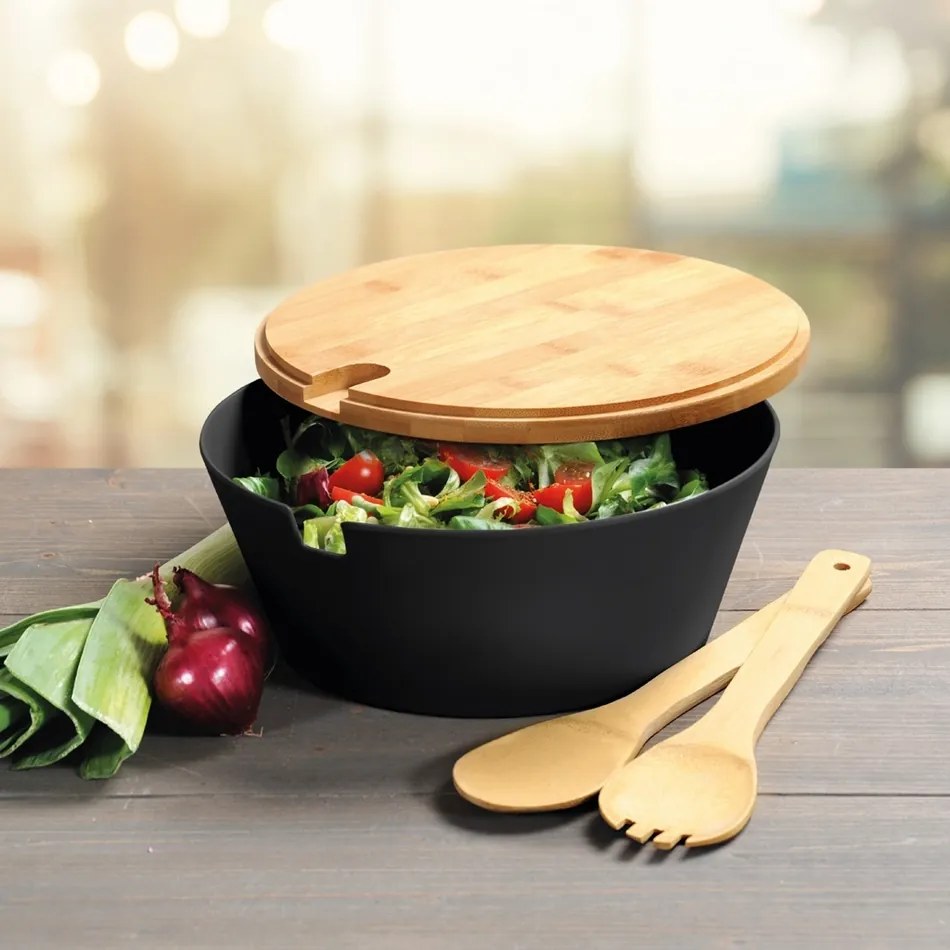 Kesper 92524 Salátás tál kanállal és fedéllel,fekete, átmérő 26 cm
