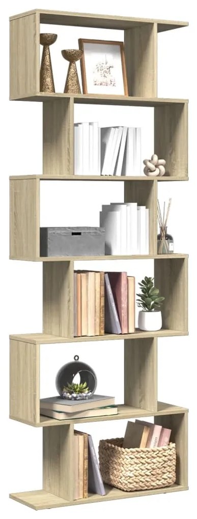 6 szintes sonoma tölgy fa elválasztó könyvespolc 70x24x193 cm