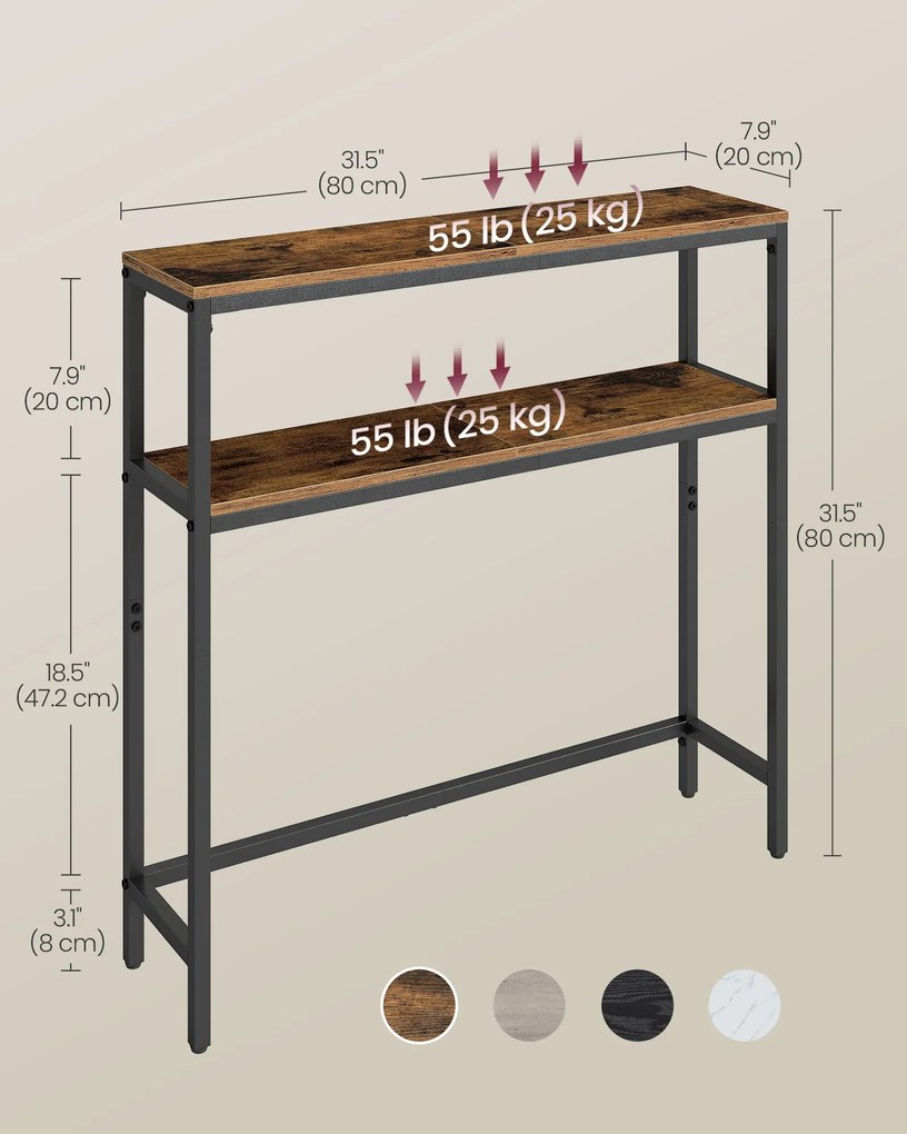 Előszobai konzolasztal, 2 szintes, rusztikus barna és fekete színben