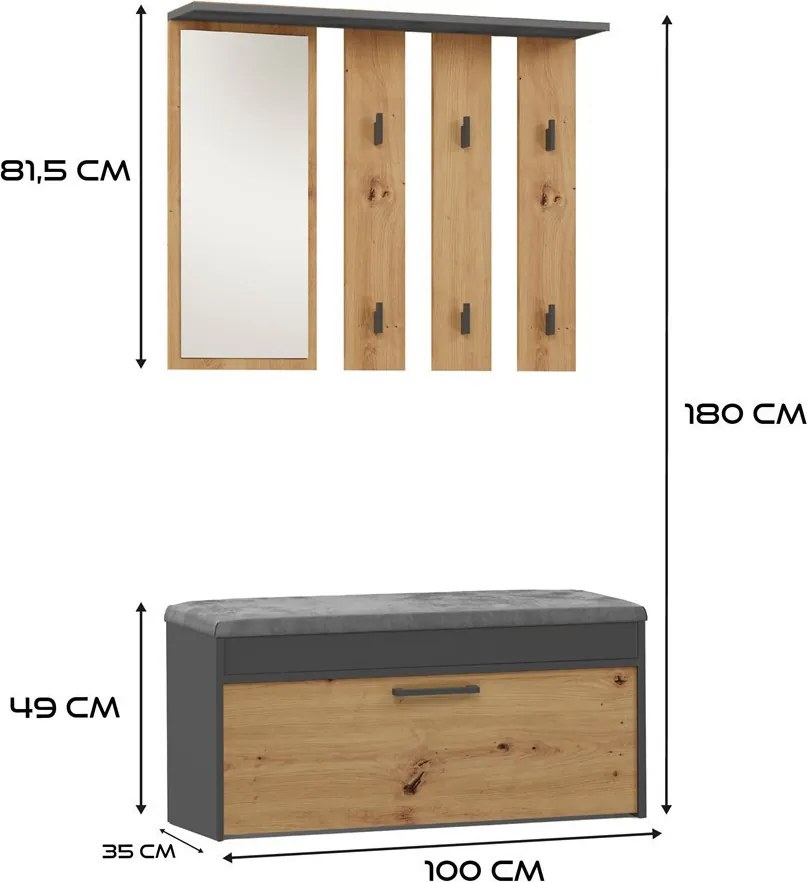 MIX Parma előszobafal, 100x81.5x35 cm, antracit-tölgy