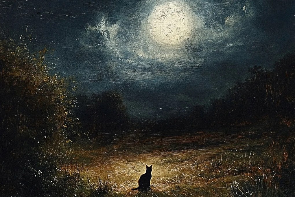 Vászonkép Canvas Nokturn Éjszaka Telihold Rét Fekete Macska 60x40