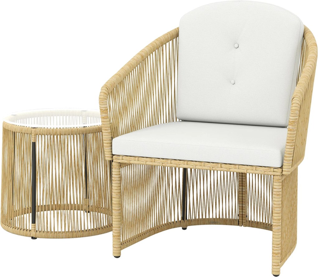 Outsunny 3 részes krémfehér rattan bistro szett — kerek üvegasztal és 2 párnázott szék | Aosom