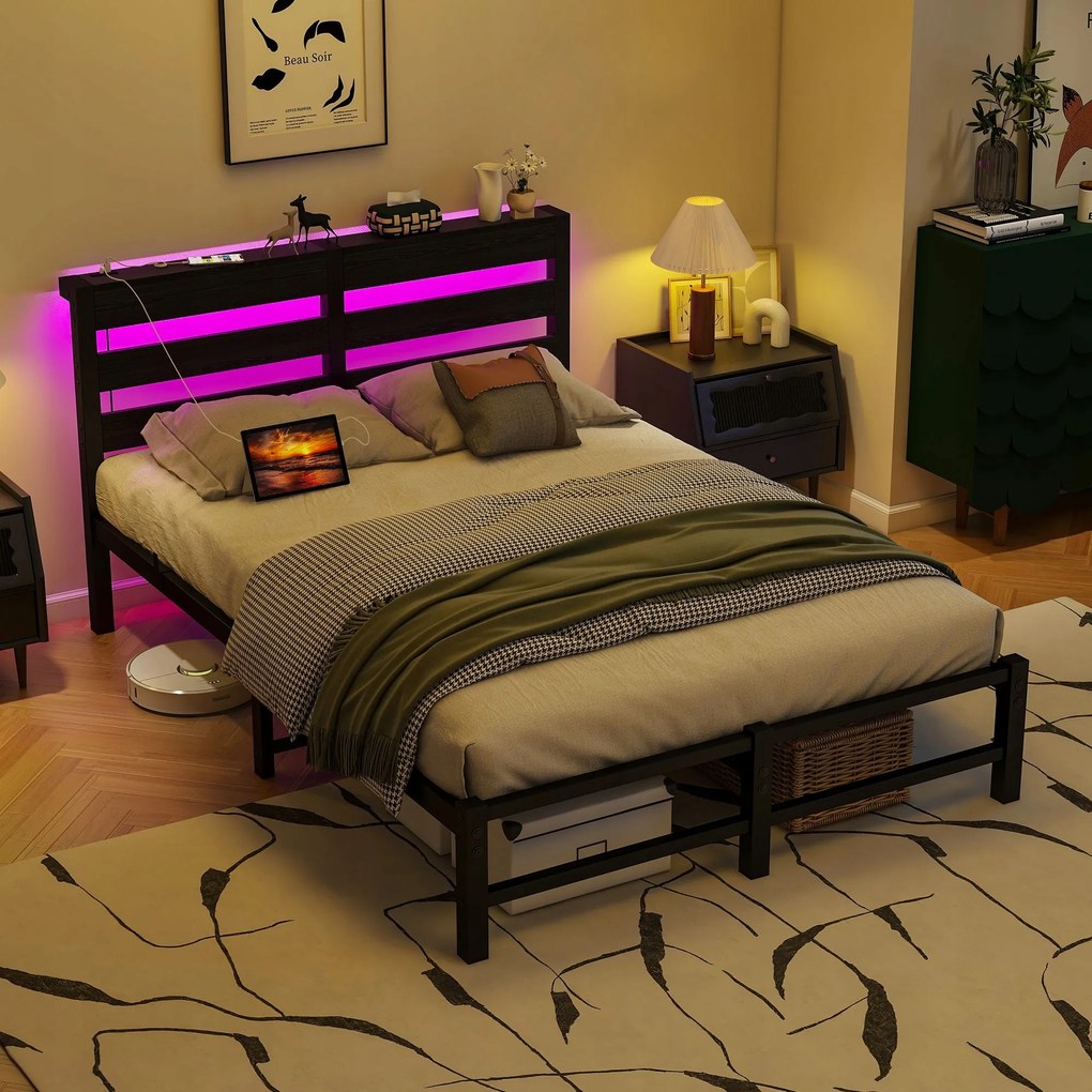 Egyszemélyes ágy Gyerekágy Fém ágy 120x200 Led Usb fekete