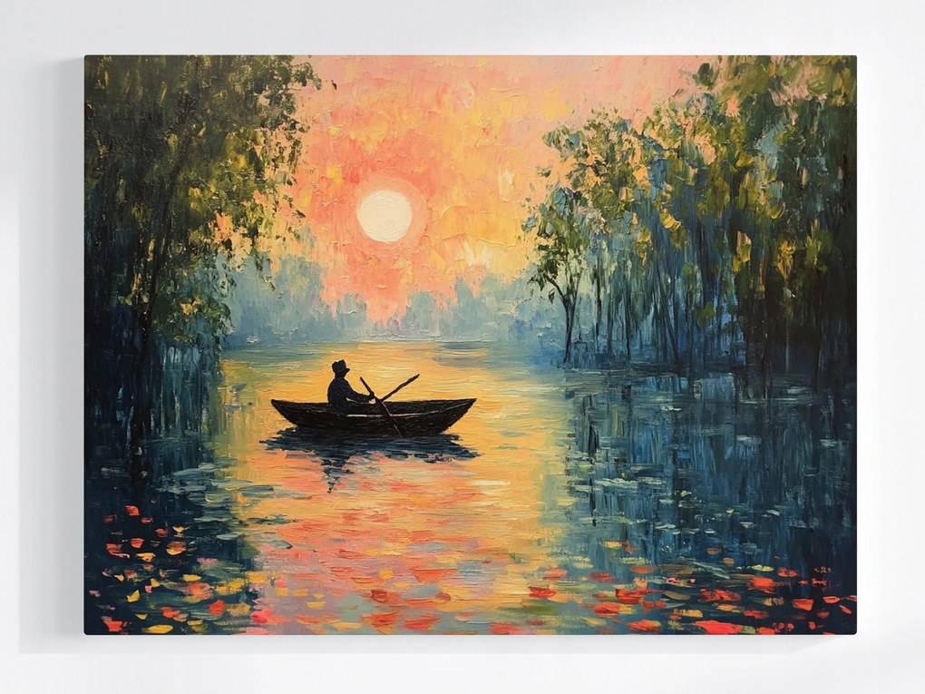 Poszter Tájkép Tó Víz Csónak Naplemente 80x60