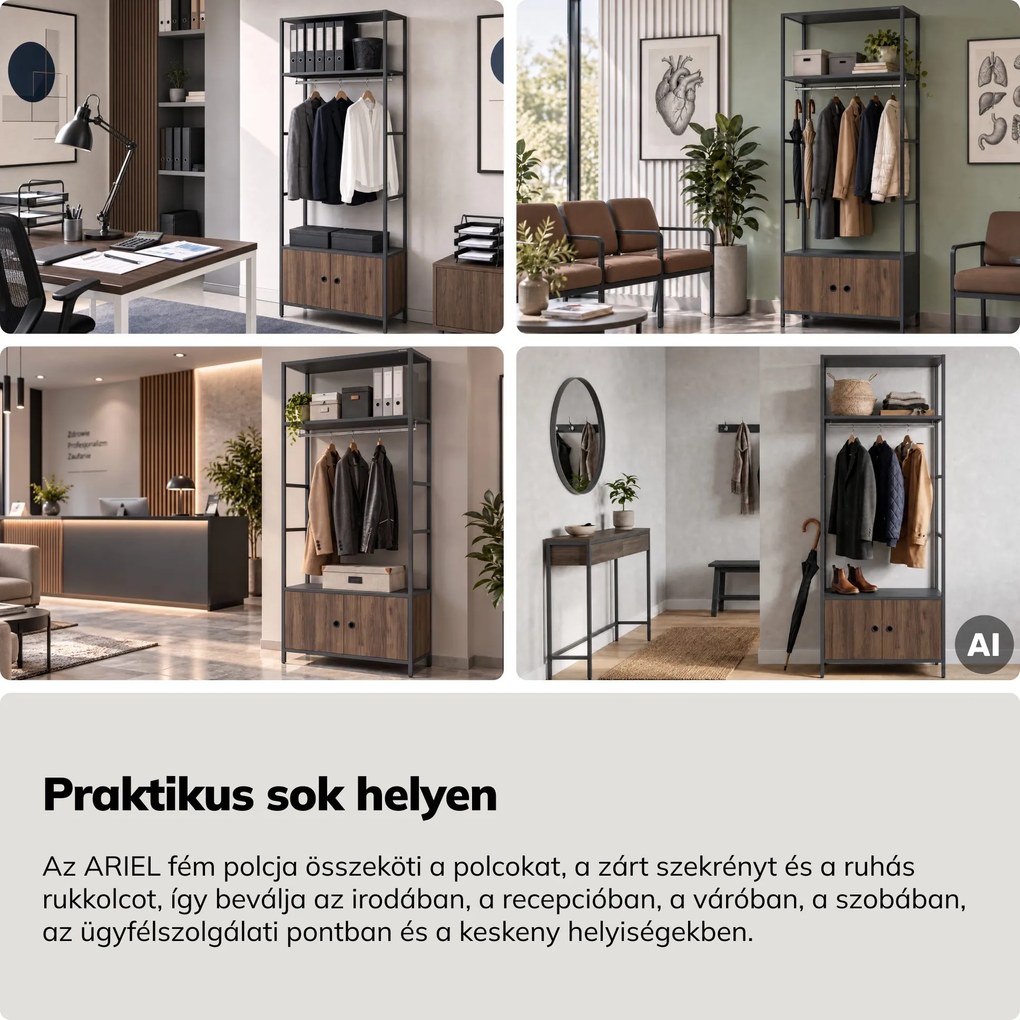 Irodai polc nyitott ruhaakasztó rúddal, recepcióra és váróterembe, fém, antracit/dió, 800x2200x400 mm: ARIEL Eco Design