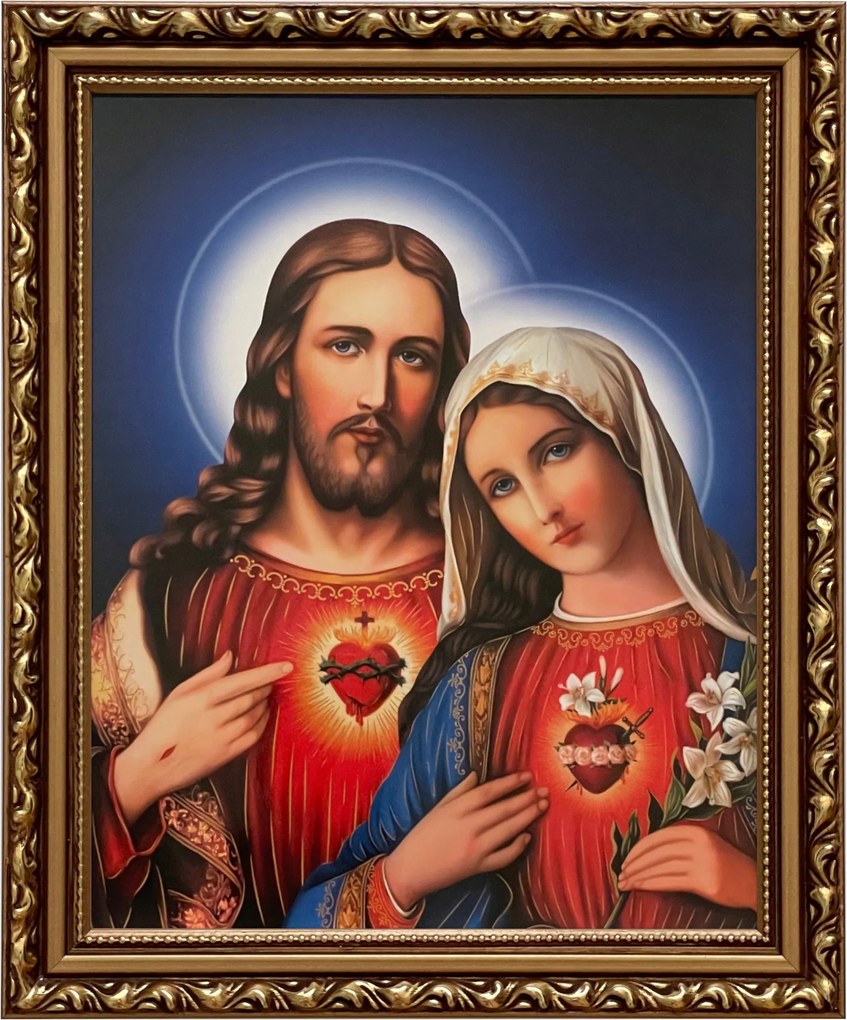 Vászonkép 29x24 Jézus És Mária Szíve Jézus Krisztus Mária Arany Díszített Keret