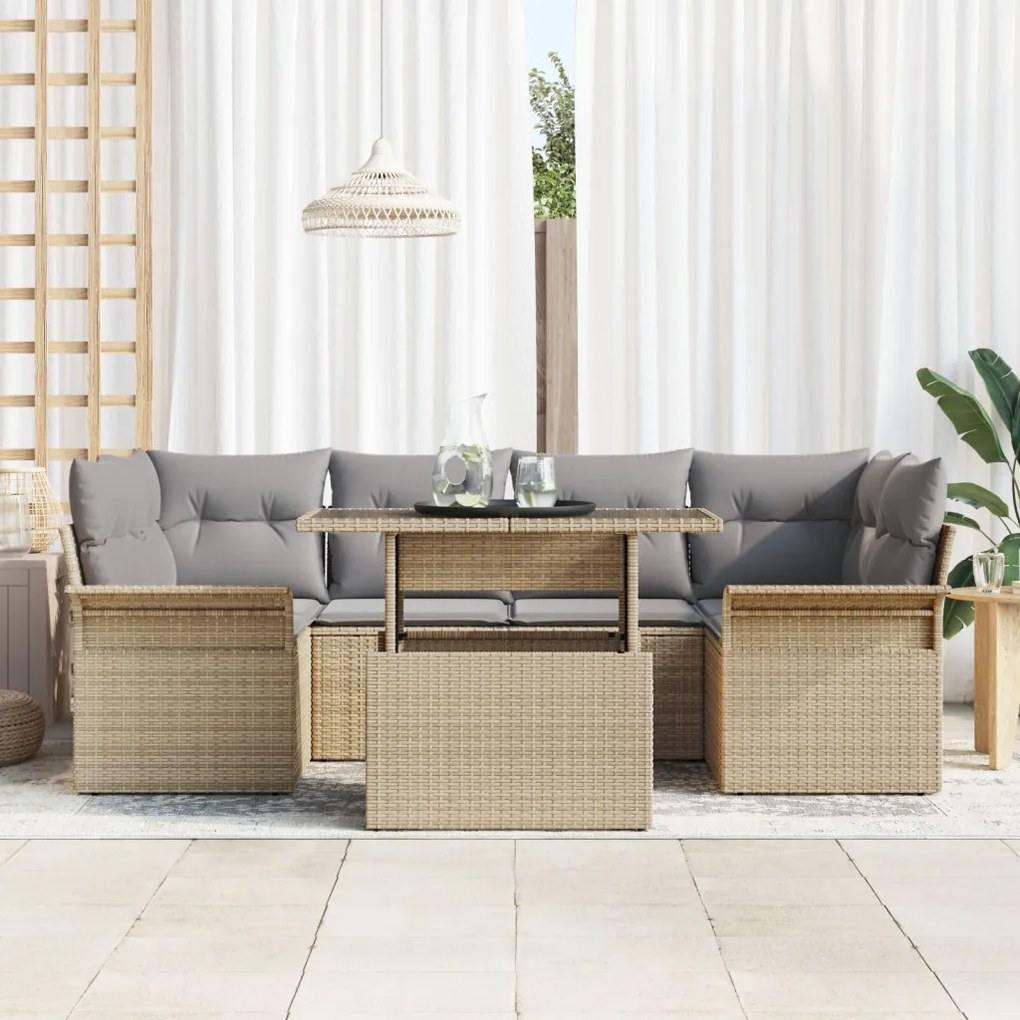 7 Részes Kert Kanapé Szett Párnákkal Bézs Polyrattan