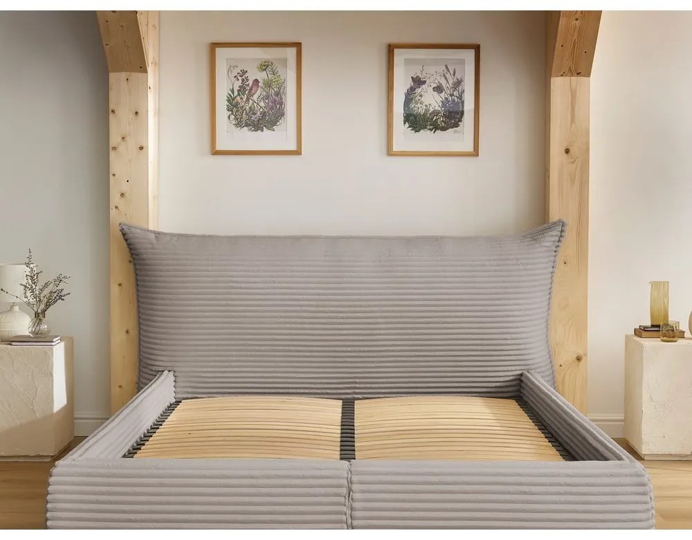 Bézs kárpitozott ágyneműtartós franciaágy ágyráccsal 160x200 cm Jade – Bobochic Paris