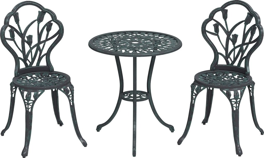 Outsunny 2 Személyes Kerti Lounge Szett 2 Szék + Kerek Asztal Öntött Alumínium Hamis Kovácsolt Vas Zöld | Aosom