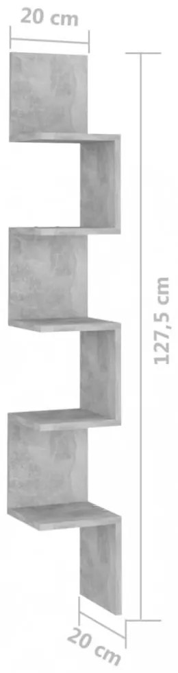 betonszürke szerelt fa fali sarokpolc 20 x 20 x 127,5 cm