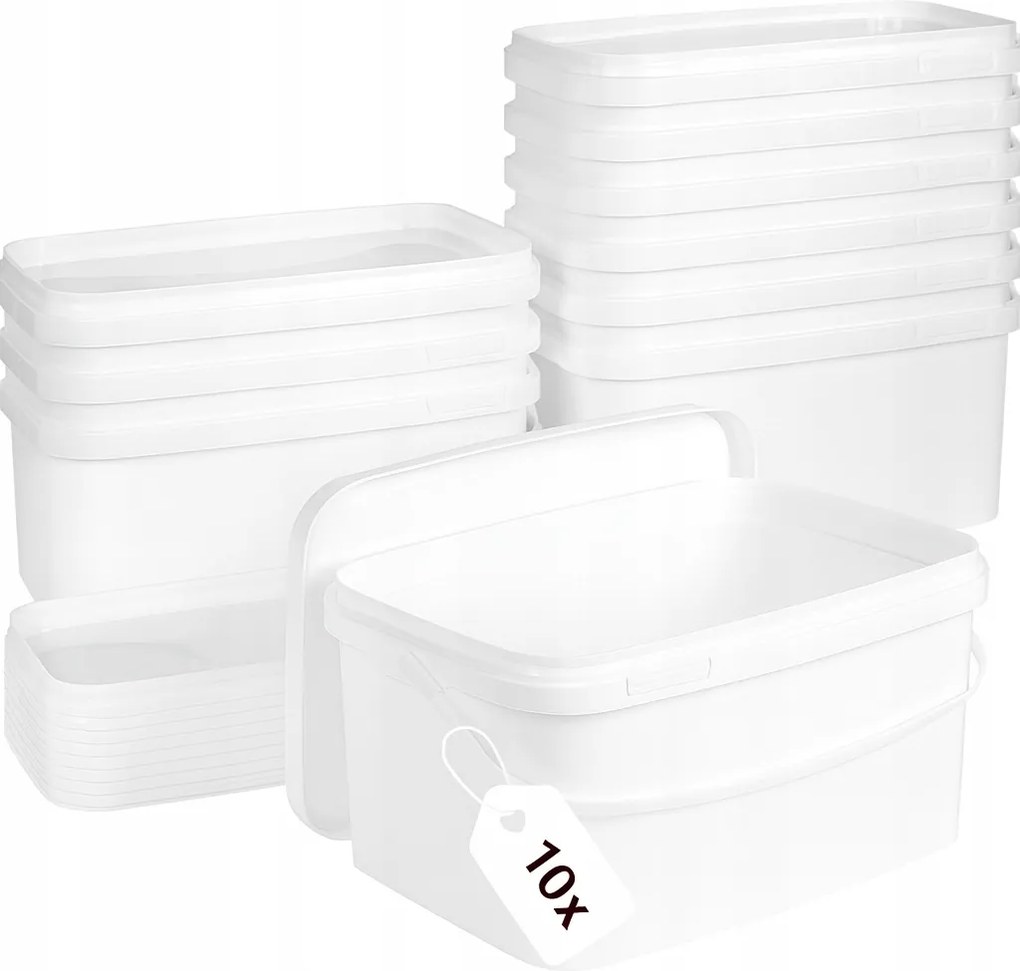 Műanyag Tartály FEDÉLLEL3,3 L Téglalap Alakú Fehér Vödrökkel – 10 Db