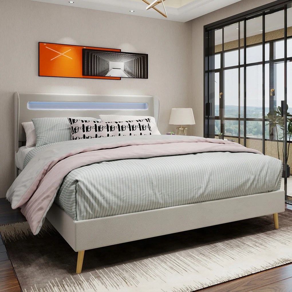 Franciaágy 140*200 cm kárpitozott LED-es ágy teherhordó 400kg bézs