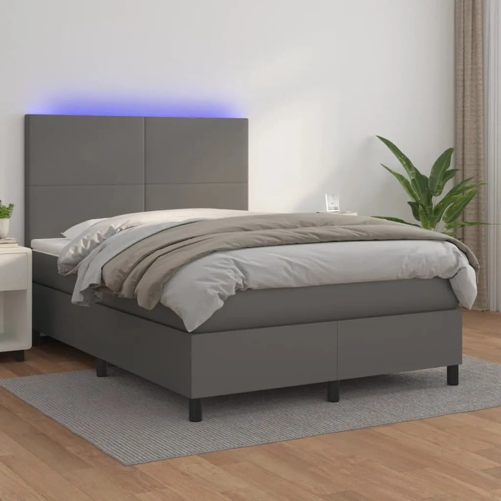 szürke műbőr rugós ágy matraccal és LED-del 140x190 cm