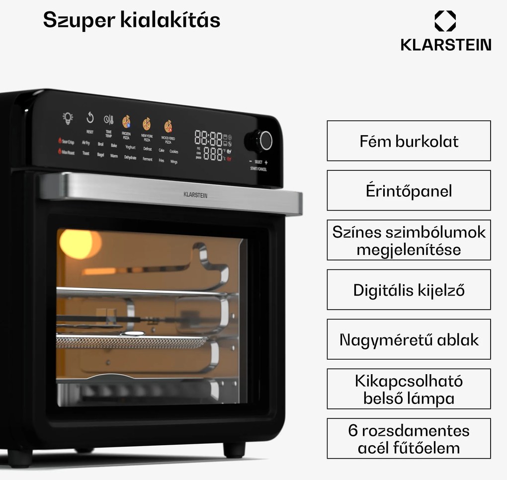 Klarstein AirGlaze Digital forrólevegős fritőz, 2200 W, 19 program, mosogatógépben mosható tartozékokkal együtt