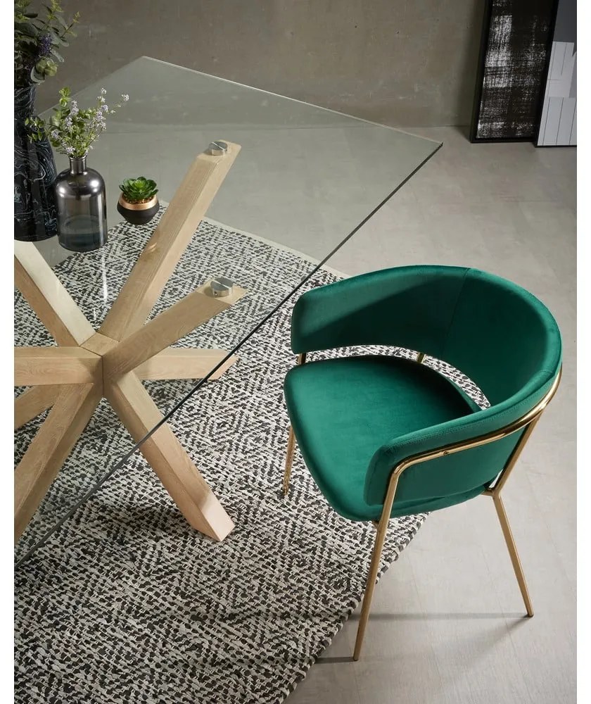 Üveg étkezőasztal természetes talpazattal, 160 x 90 cm - Kave Home