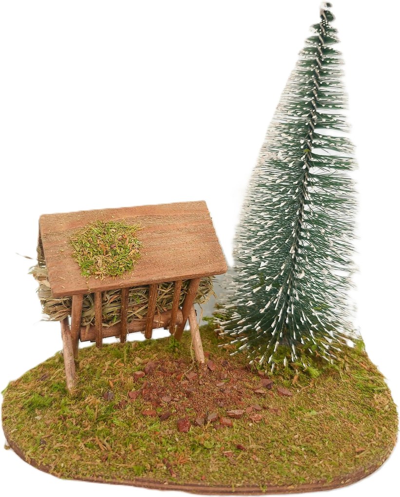 Állattartó vályú fenyővel Betlehem dekorációhoz 17 x 12 x 17cm