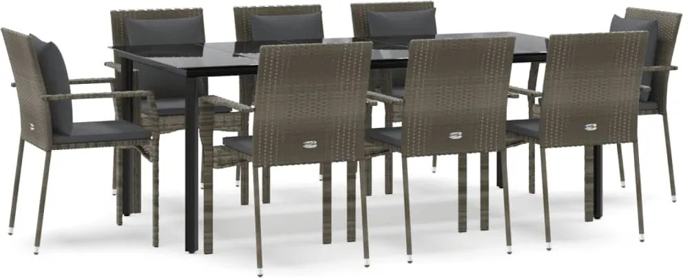 vidaXL 9 részes fekete és szürke polyrattan kerti étkezőszett párnával