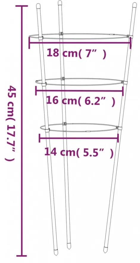 5 db zöld acél kerti növénytámasz 3 gyűrűvel 45 cm