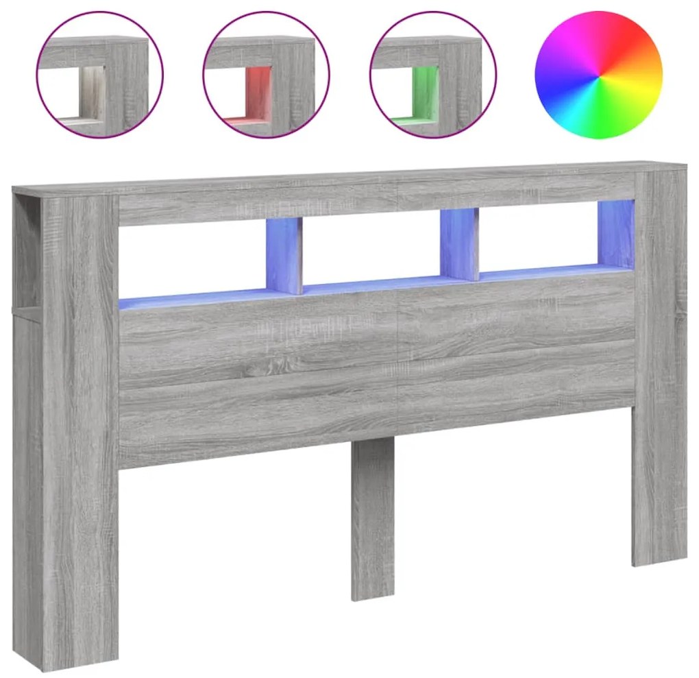 szürke sonoma szerelt fa LED-es fejtámla 180x18,5x103,5 cm