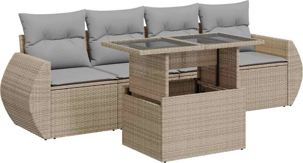 vidaXL 5 részes bézs polyrattan kerti ülőgarnitúra párnákkal