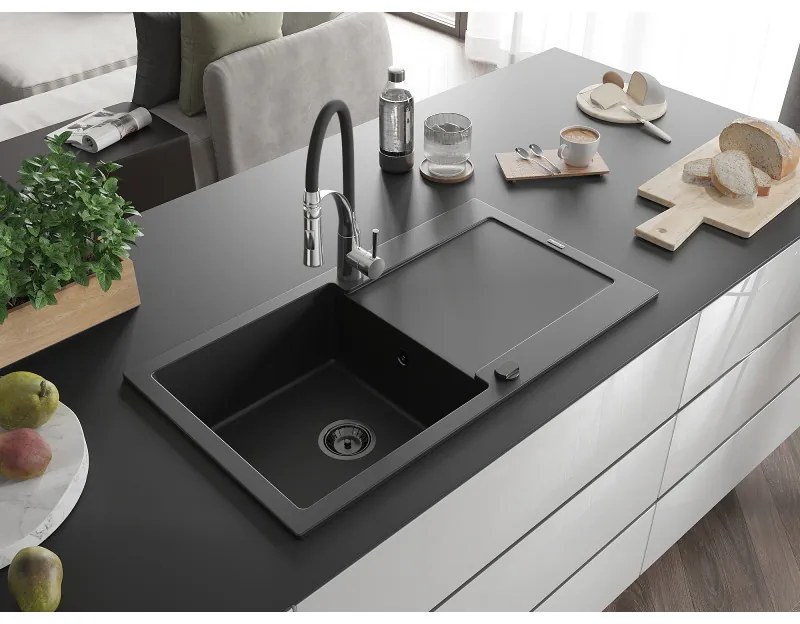 Mexen Leo, gránit mosogató 900x500x190 mm, 1 kamrás és Aster mosogató csaptelep, fekete, 6501-77-73450-07-B