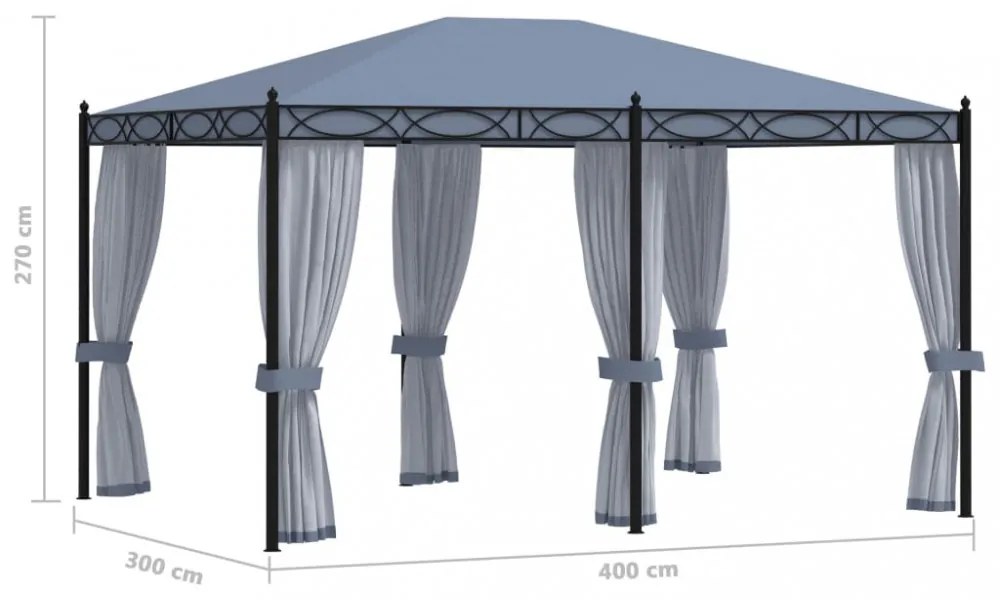 antracitszürke acélpavilon szúnyoghálóval 3 x 4 m