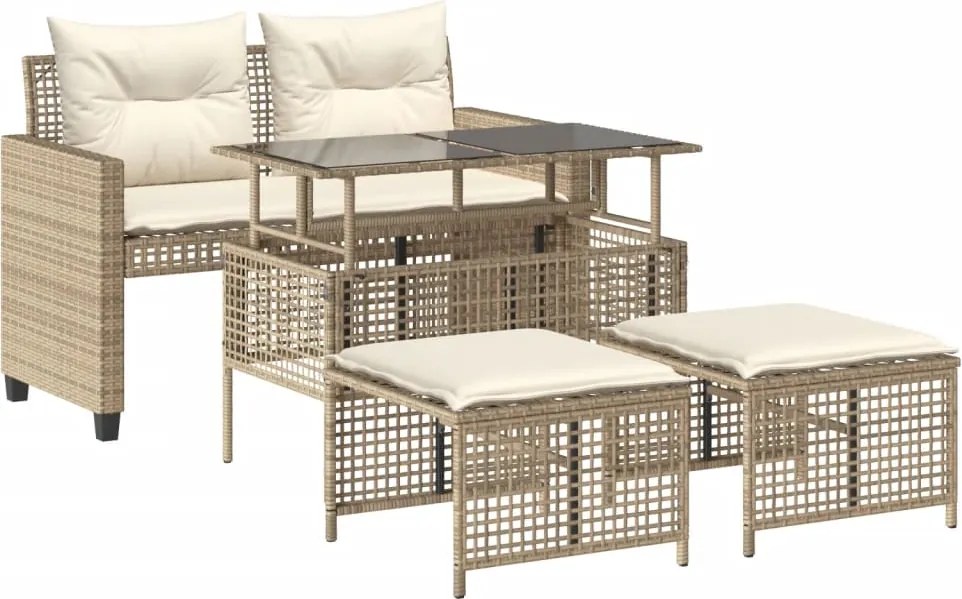 vidaXL 4 részes bézs polyrattan üveg kerti ülőgarnitúra párnákkal