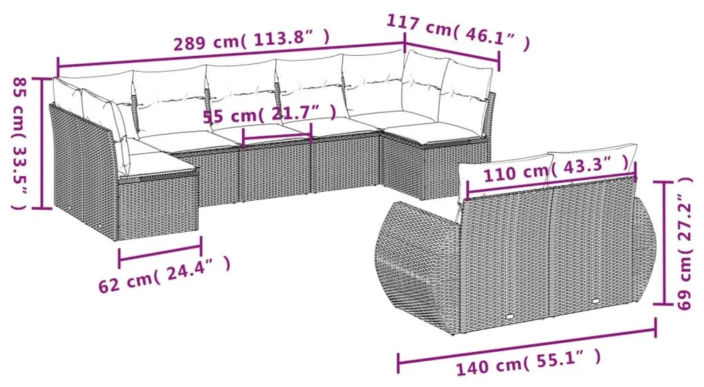 9-részes barna polyrattan kerti ülőgarnitúra párnákkal