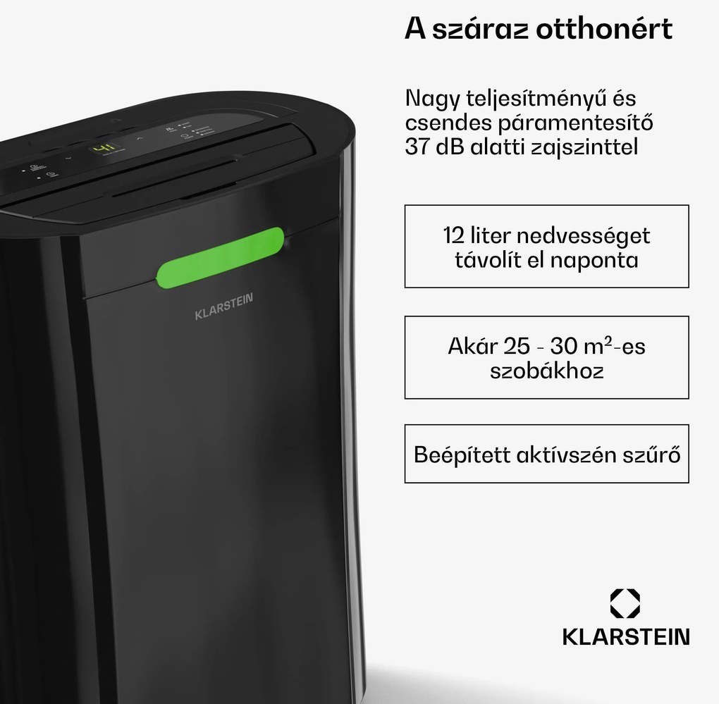 Klarstein AeroDry Smart 12 párátlanító, 12 l/nap, 25-30 m², páratartalom érzékelő, irányítás alkalmazás segítségével, 135 m³/h