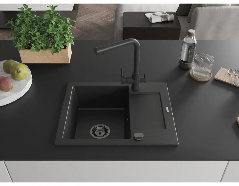 Mexen Enzo, gránit mosogató 576x465x174 mm, 1 kamrás, fekete Duero csaptelep, fekete, 6506-77-671600-70-B
