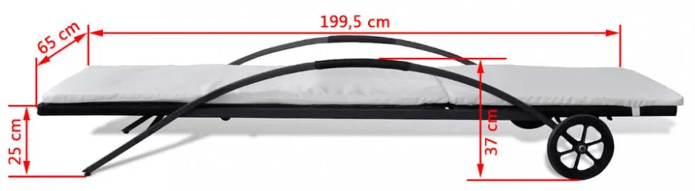 fekete polyrattan napozóágy párnával és kerekekkel