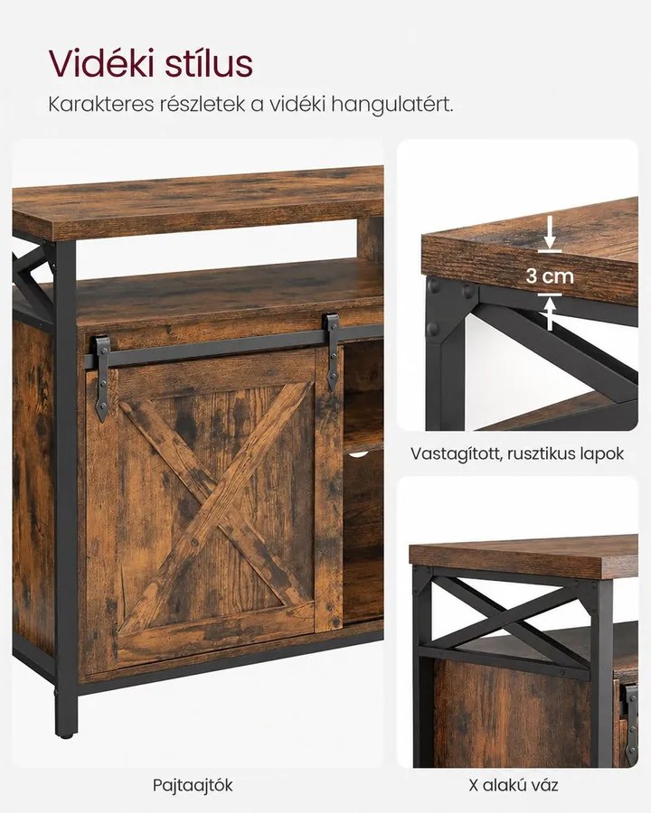 TV-szekrény tolóajtókkal, 147 x 40 x 76 cm, 65 colos TV-hez, rusztikus barna-fekete