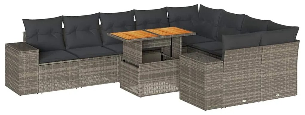 10 részes szürke polyrattan akácfa kerti ülőgarnitúra párnákkal