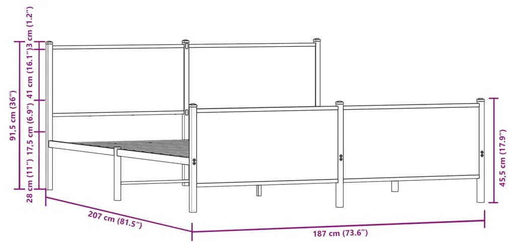 füstös tölgy színű fém ágykeret matrac nélkül 180 x 200 cm