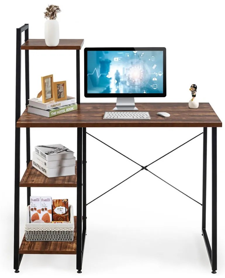 Kompakt számítógépasztal, munkaállomás 4 polccal