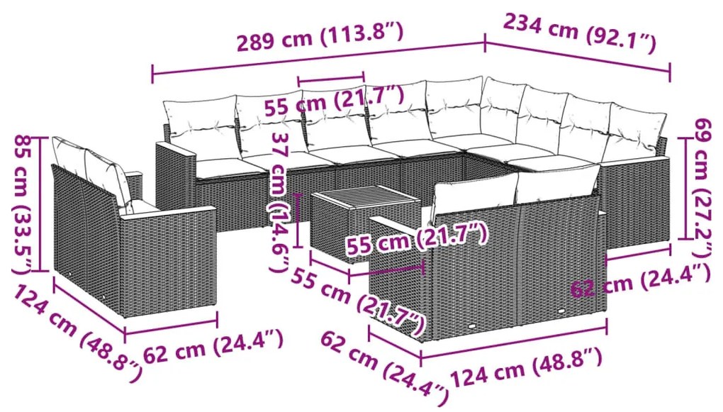 13 részes fekete polyrattan kerti ülőgarnitúra párnákkal