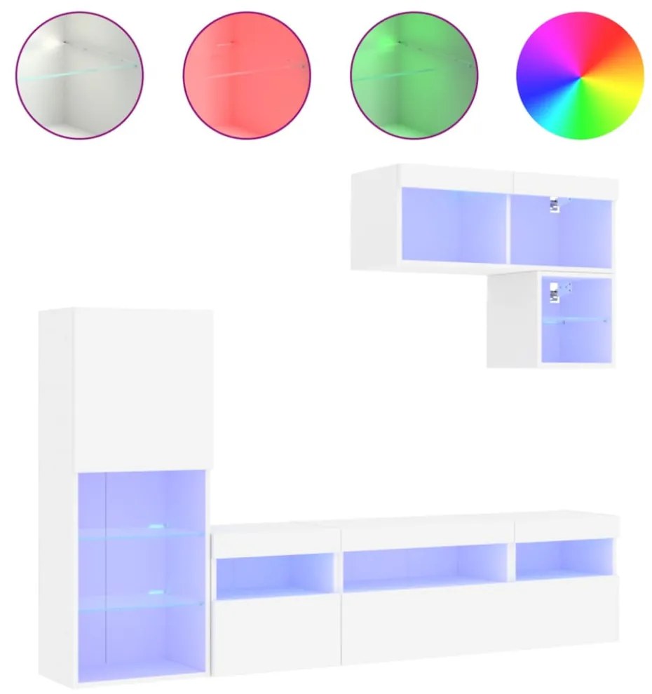 vidaXL 6 darab fehér szerelt fa fali TV-bútor LED-del