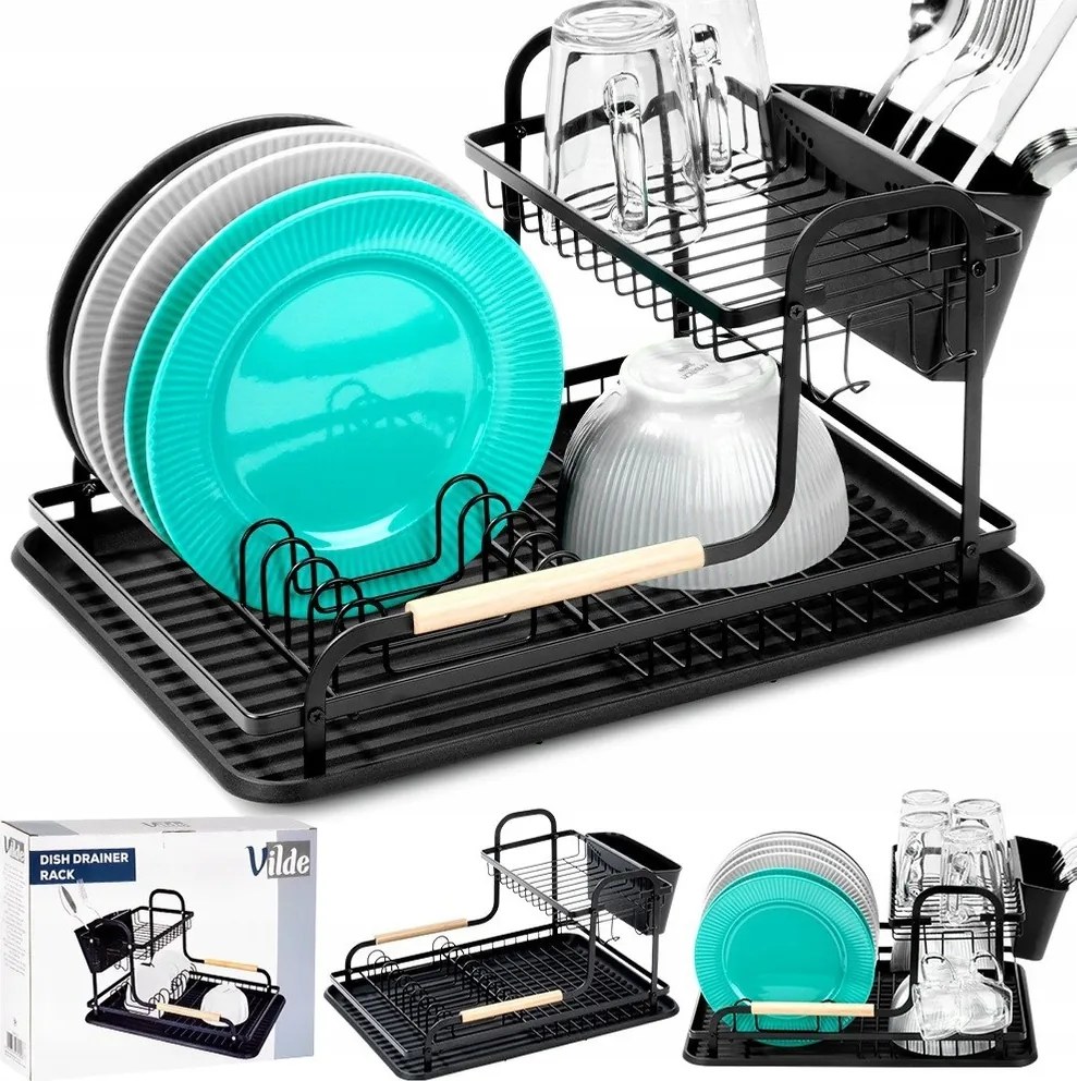 Csepegtető Nagy Szárítógép edények tányérok evőeszközök 2 szintes fekete