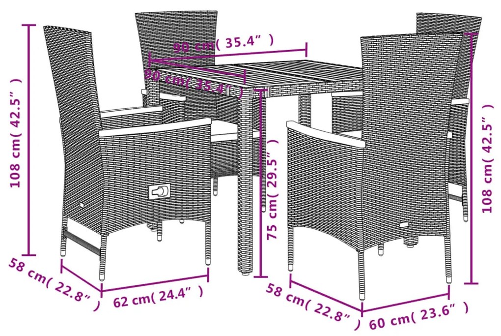 5 részes fekete polyrattan kerti étkezőgarnitúra párnákkal