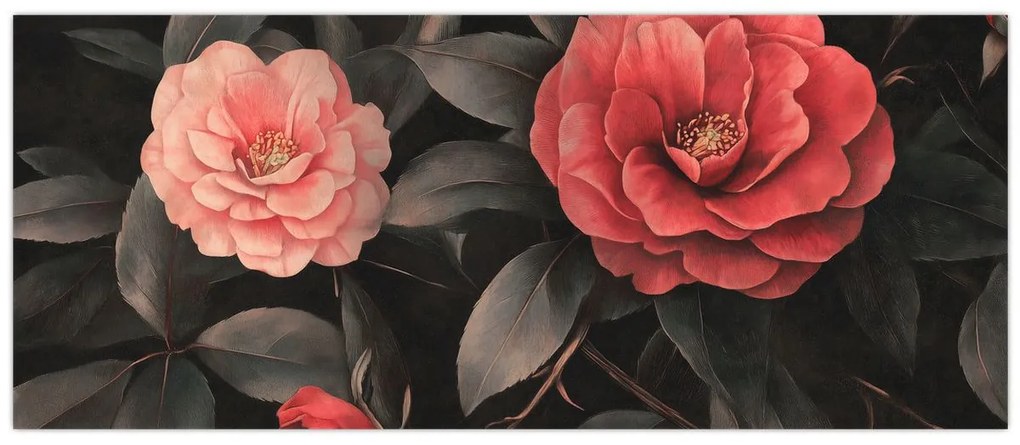 Kép - Vörös virágok sötét háttér előtt (120x50 cm)