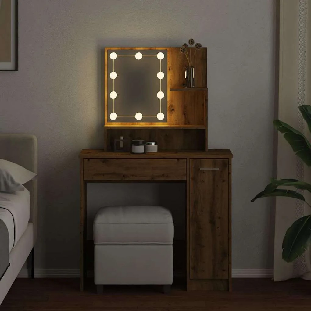 kézműves tölgy színű LED-es fésülködőasztal 86,5 x 35 x 136 cm